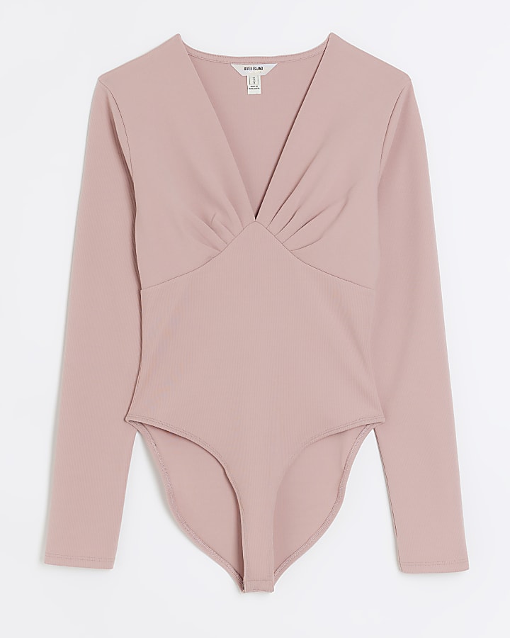 Pink plunge long sleeve bodysuit