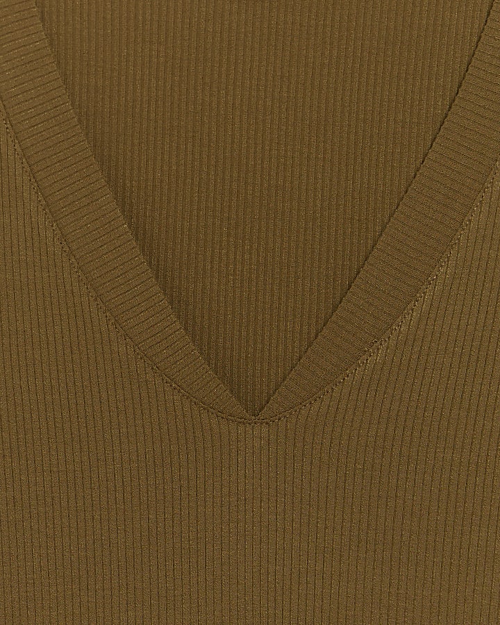 Khaki rib v-neck long sleeve top
