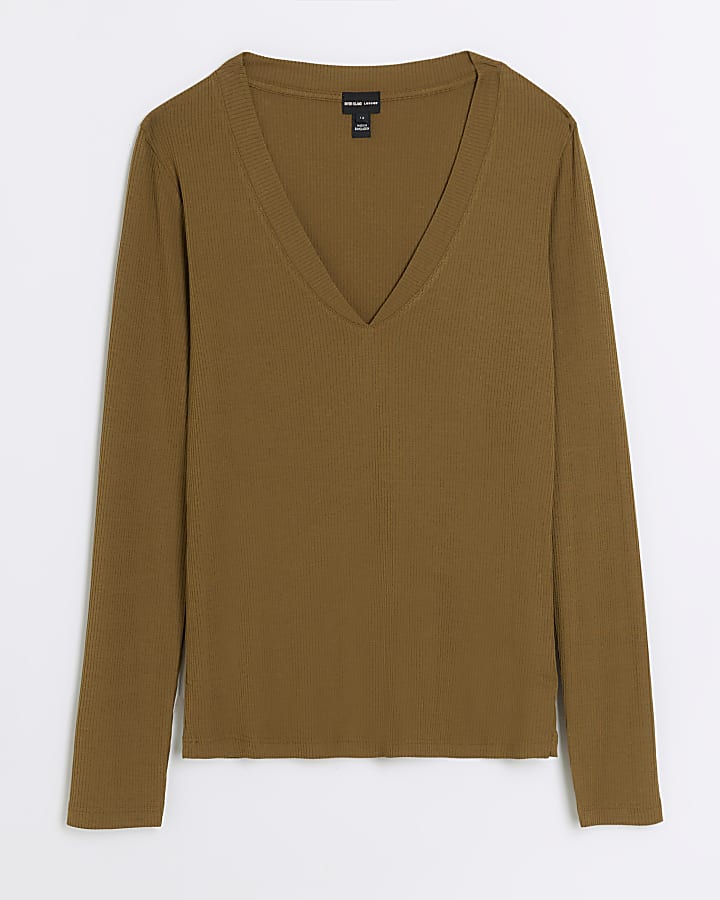 Khaki rib v-neck long sleeve top