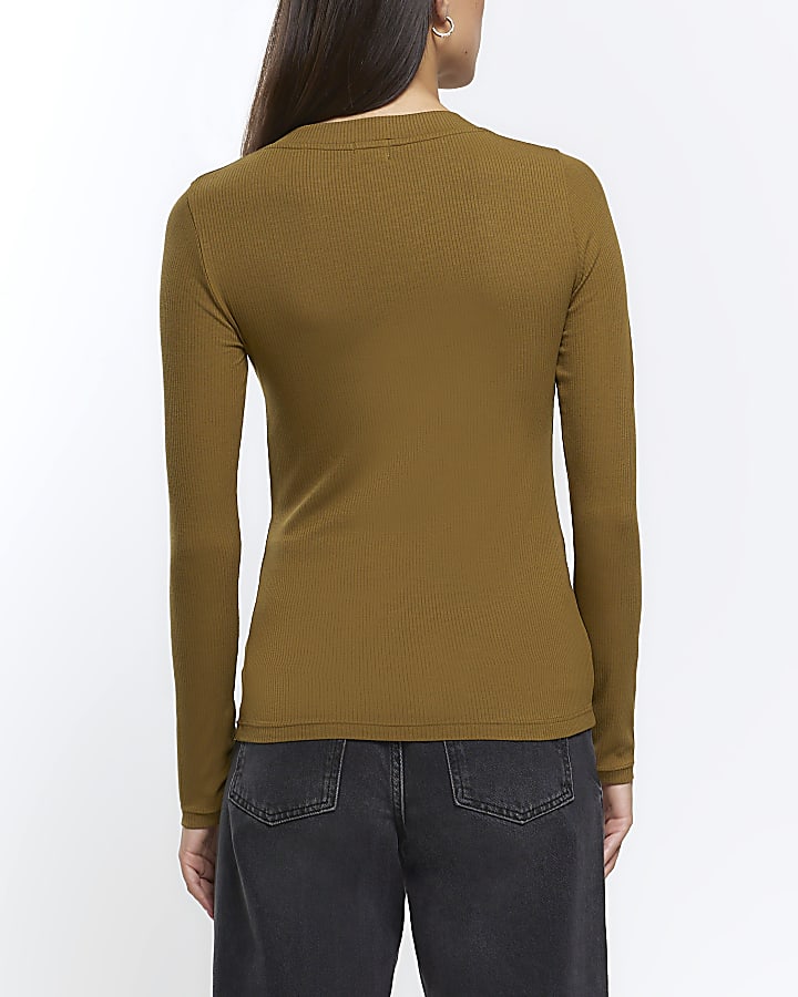 Khaki rib v-neck long sleeve top