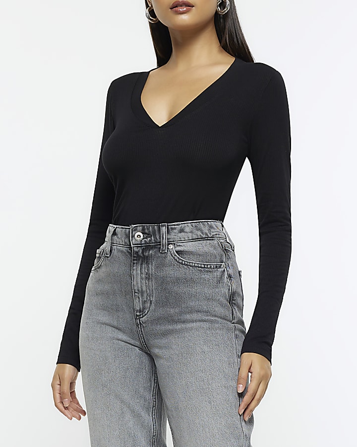 Black rib v neck long sleeve top