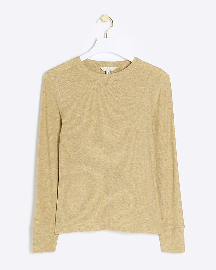 Beige Fitted Rib Long sleeve top