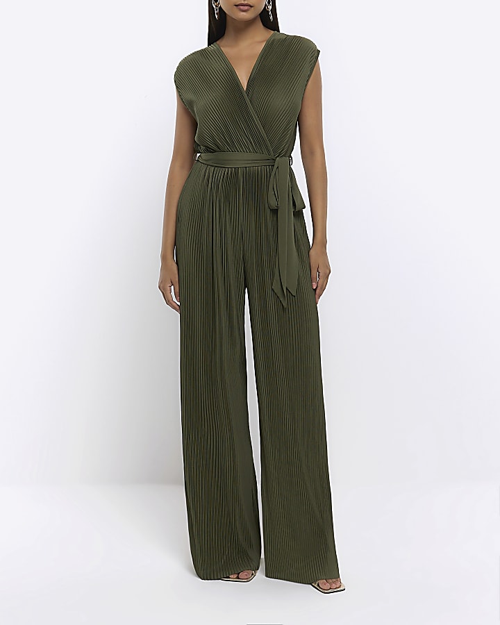 Green wrap sleeveless jumpsuit River Island