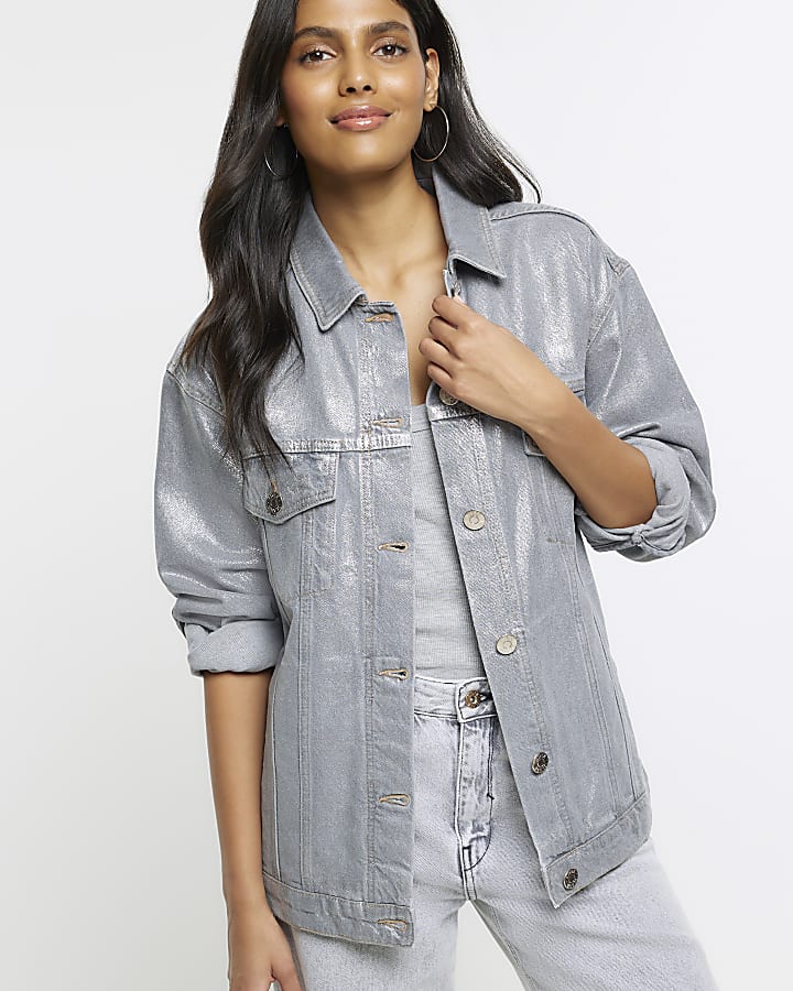 Grey denim coated trucker jacket