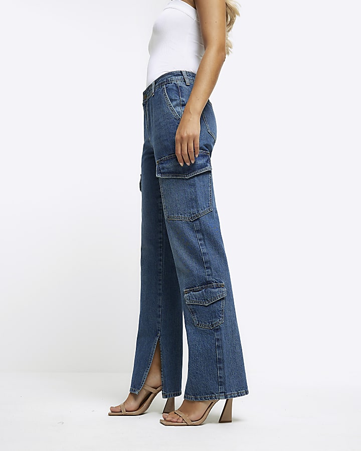 Blue wide leg cargo jeans