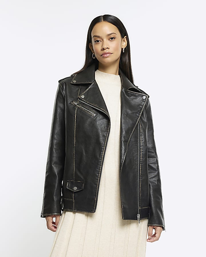 Black faux leather Oversized Biker Jacket River Island