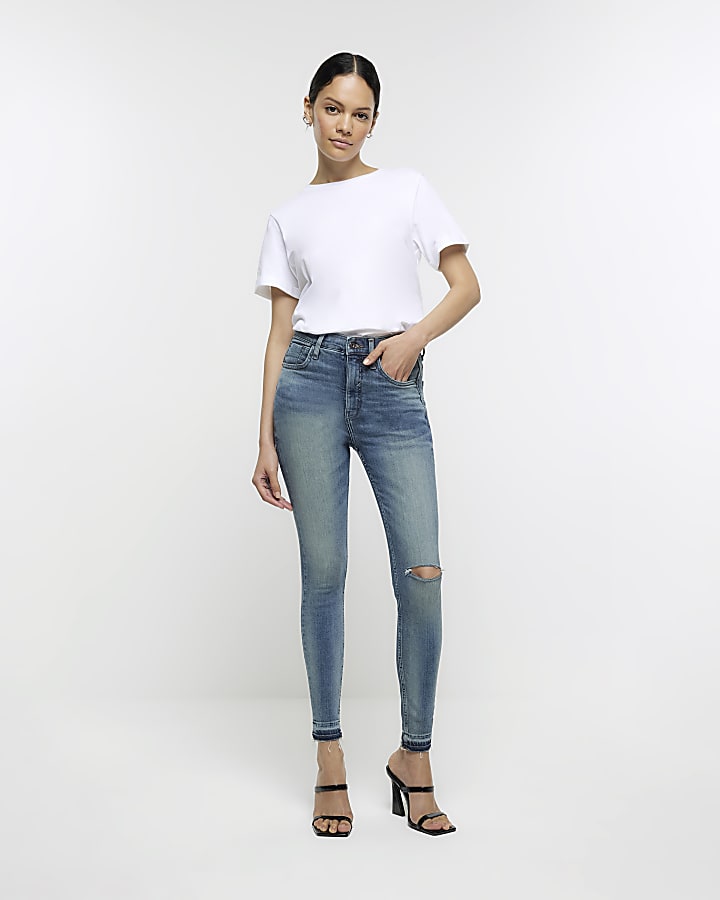 Blue ripped high waisted super skinny jeans River Island