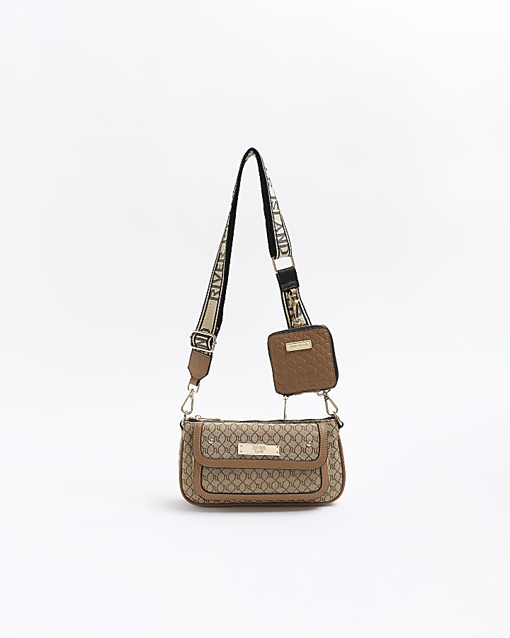 Brown jacquard monogram cross body bag River Island