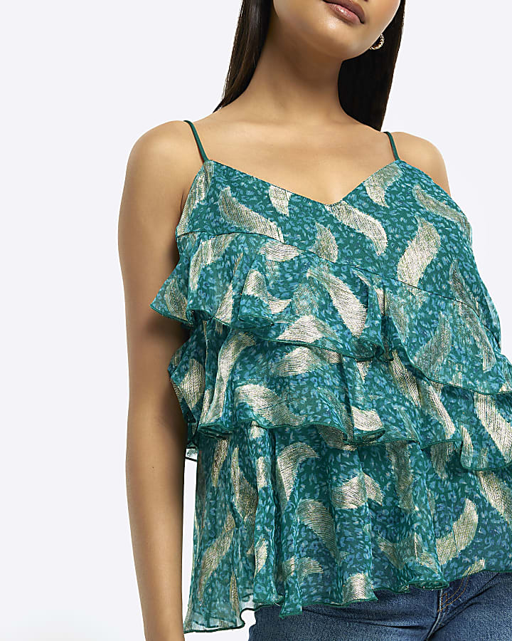 Green Metallic Ruffle Cami Top