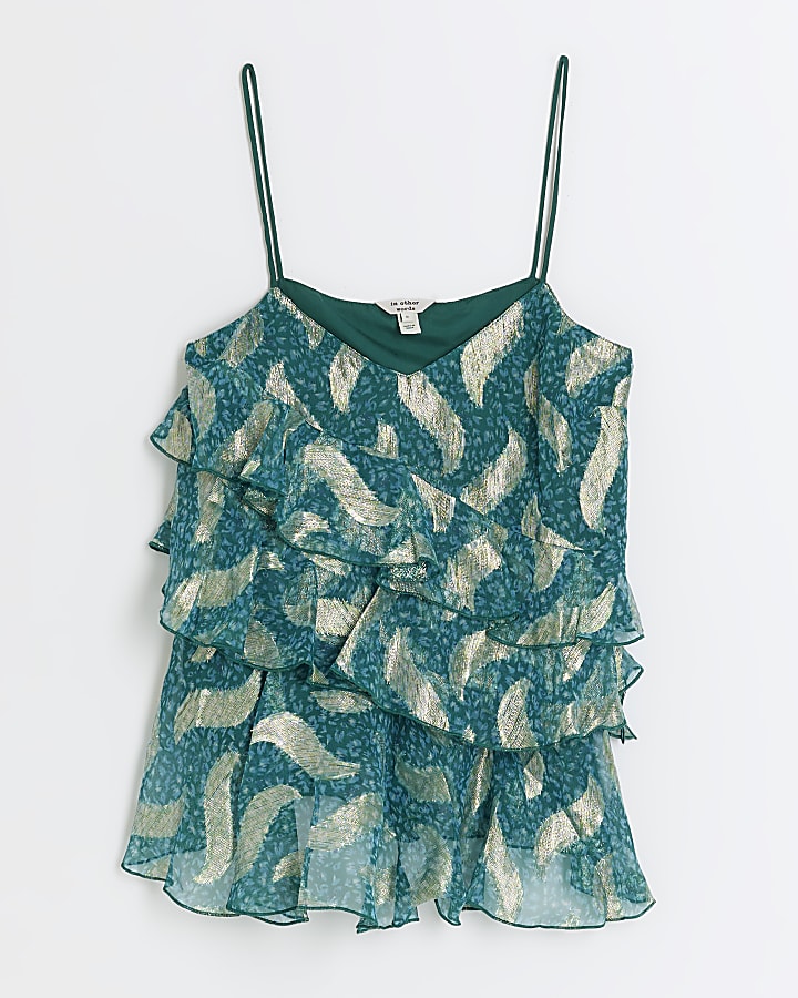 Green Metallic Ruffle Cami Top