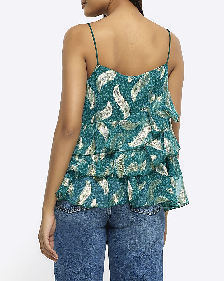 Green Metallic Ruffle Cami Top