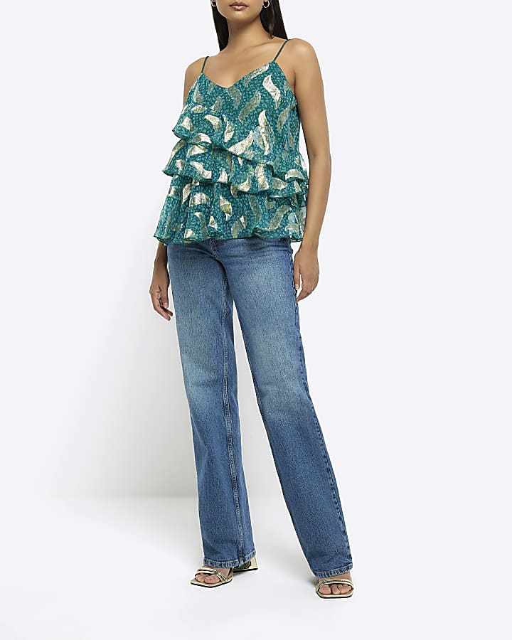 Green Metallic Ruffle Cami Top