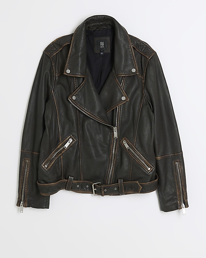 Brown leather oversized biker jacket