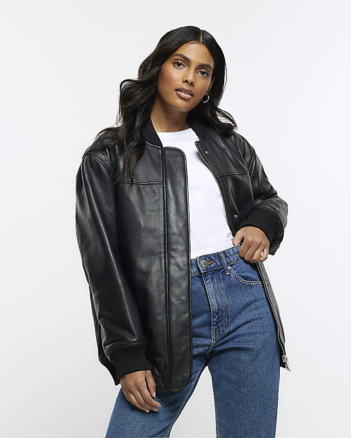 Black leather baseball jacket hotsell