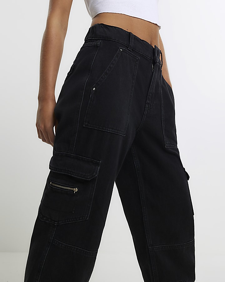 Petite black utility cargo trousers