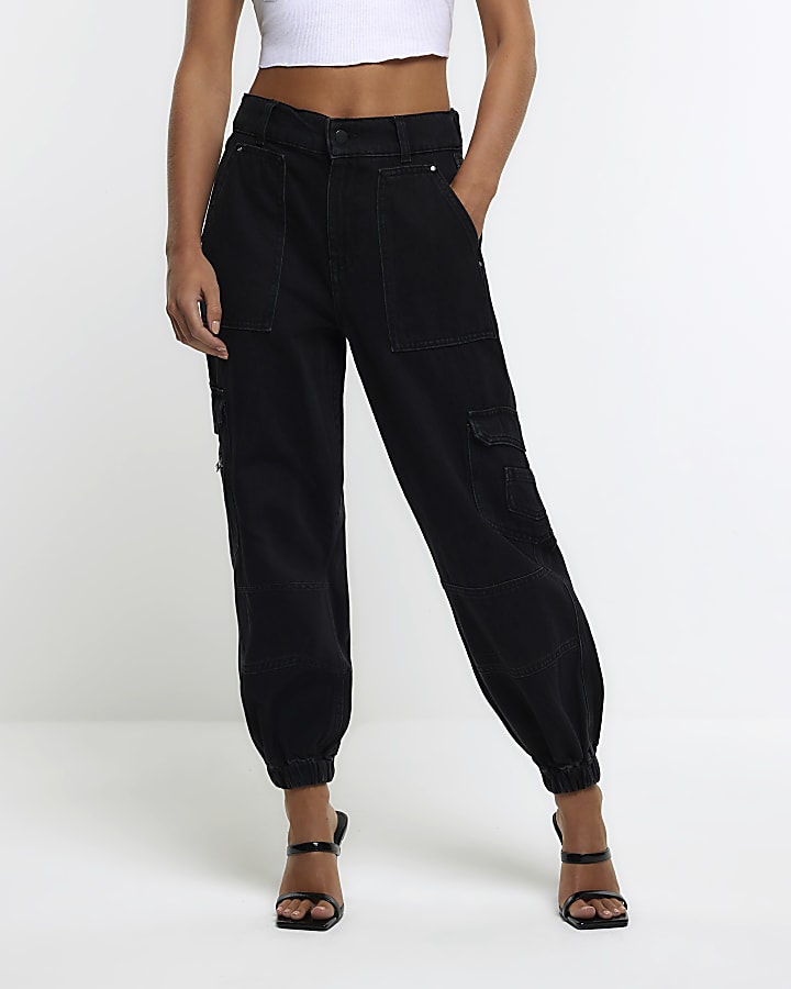 Petite black utility cargo trousers