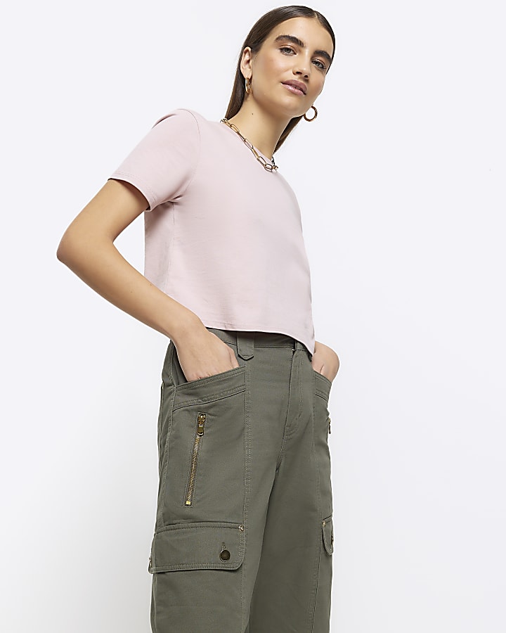 Khaki cargo crop wide leg trousers