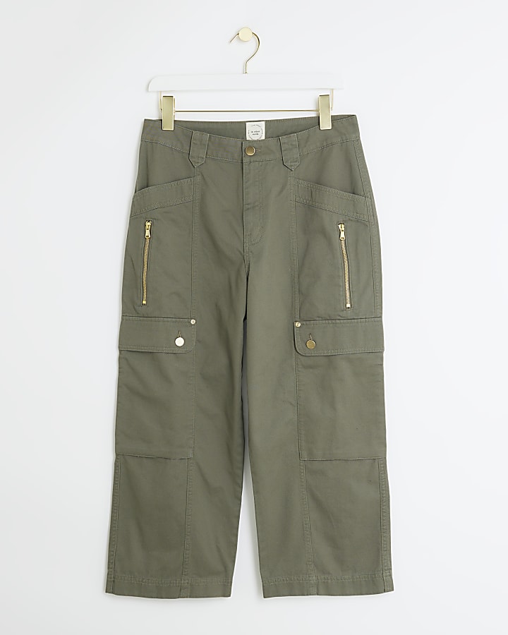 Khaki cargo crop wide leg trousers