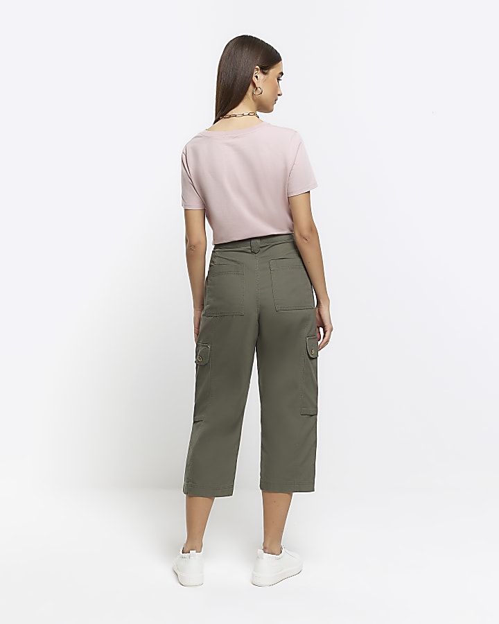 Khaki cargo crop wide leg trousers