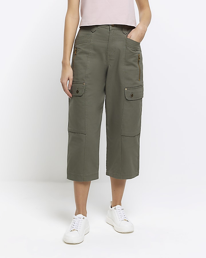 Khaki cargo crop wide leg trousers