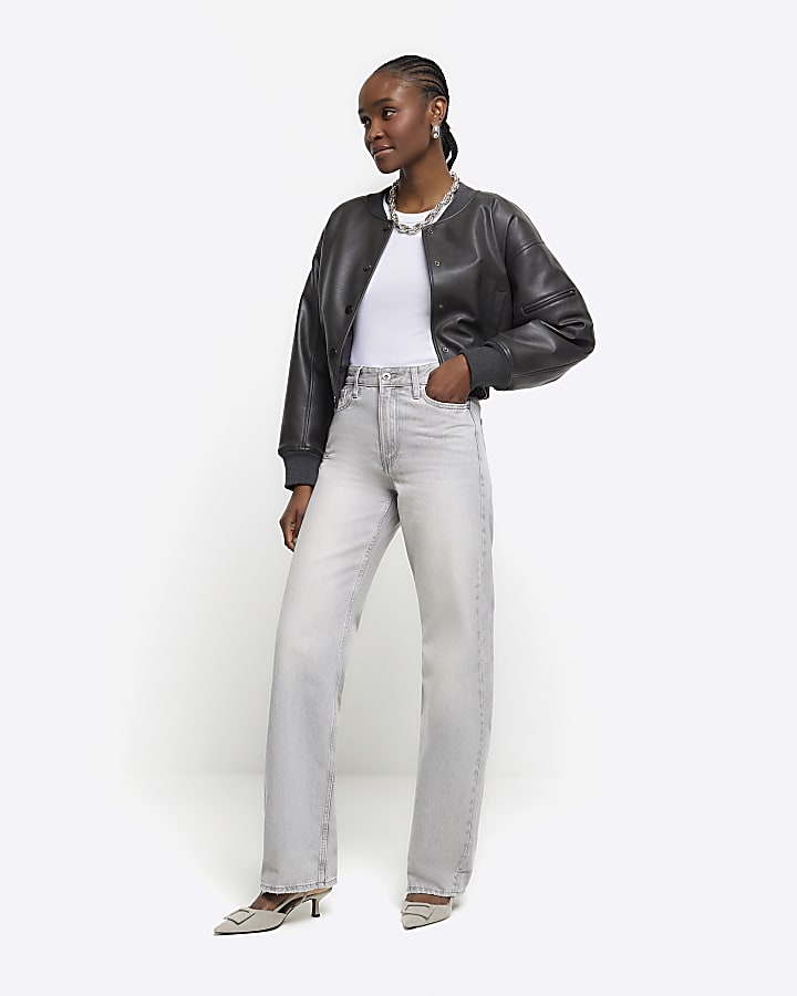Grey faded high waist relaxed straight jeans