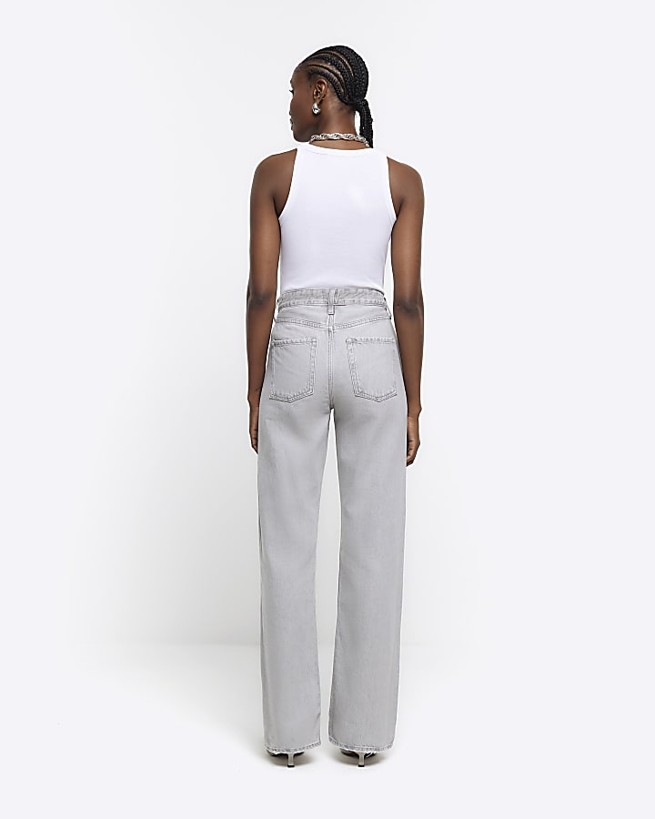 Grey faded high waist relaxed straight jeans