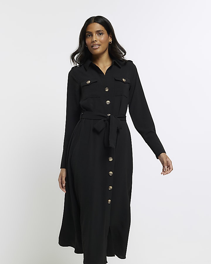 Black Utility Belted Midi Shirt Dress