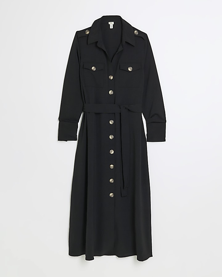 Black Utility Belted Midi Shirt Dress