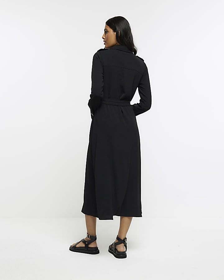 Black Utility Belted Midi Shirt Dress