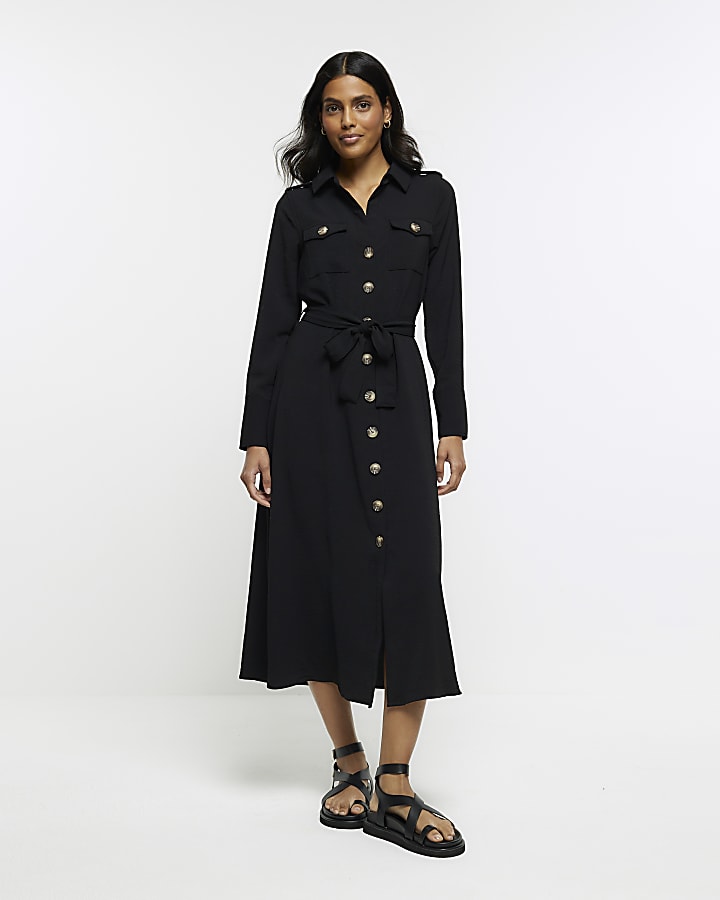 Black Utility Belted Midi Shirt Dress