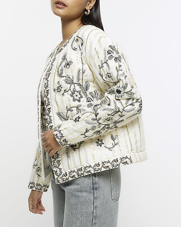 Cream quilted embroidered floral jacket