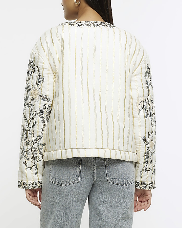 Cream quilted embroidered floral jacket