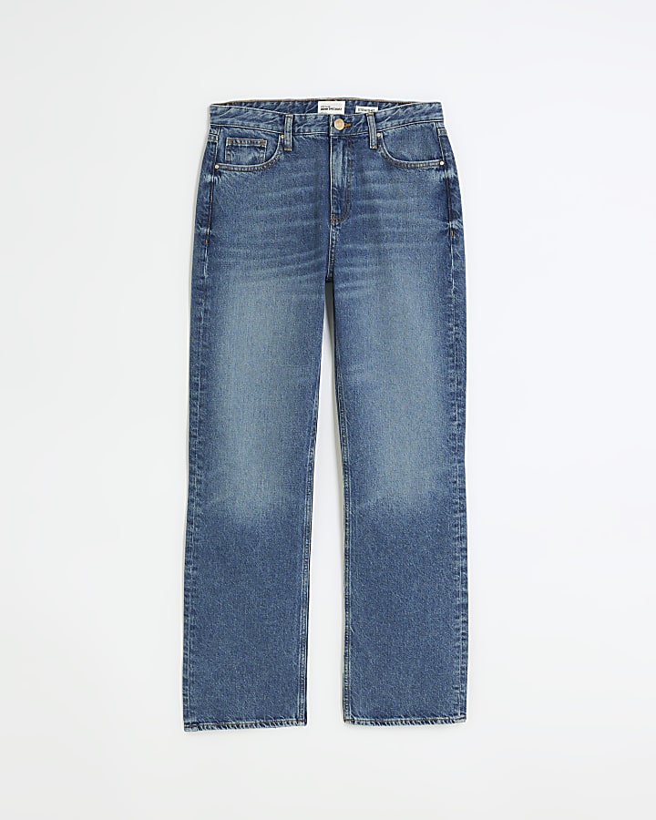 Blue high waisted straight leg jeans