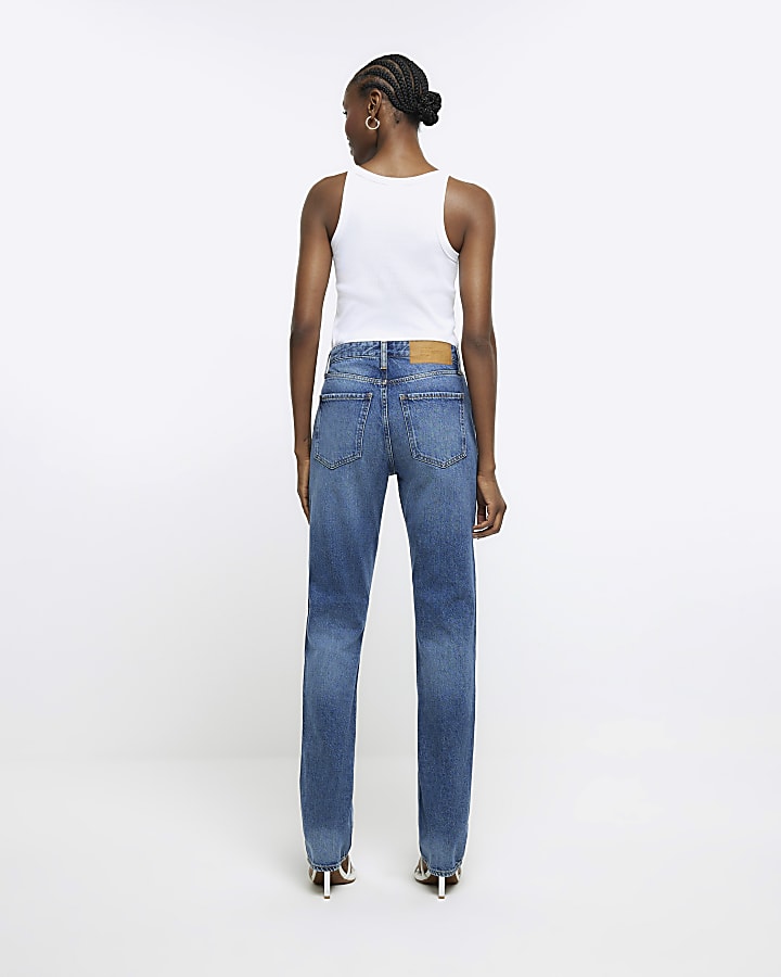 Blue high waisted straight leg jeans