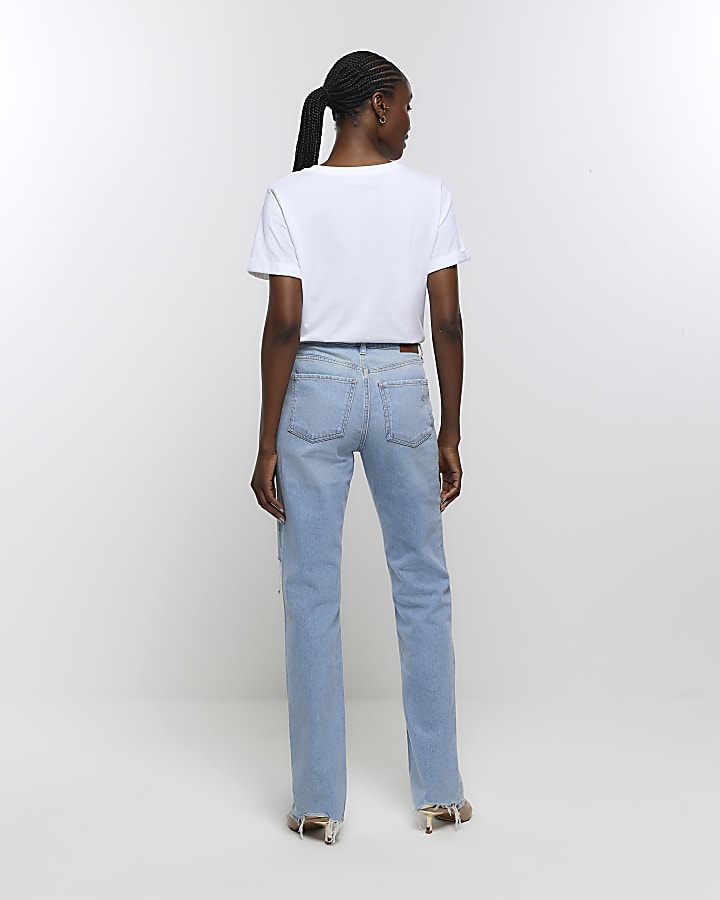 Blue high waist stove pipe straight leg jeans