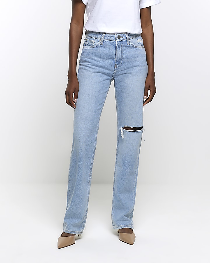 Blue high waist stove pipe straight leg jeans