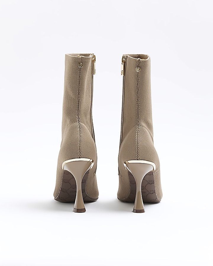 Beige wide fit knit heeled ankle boots