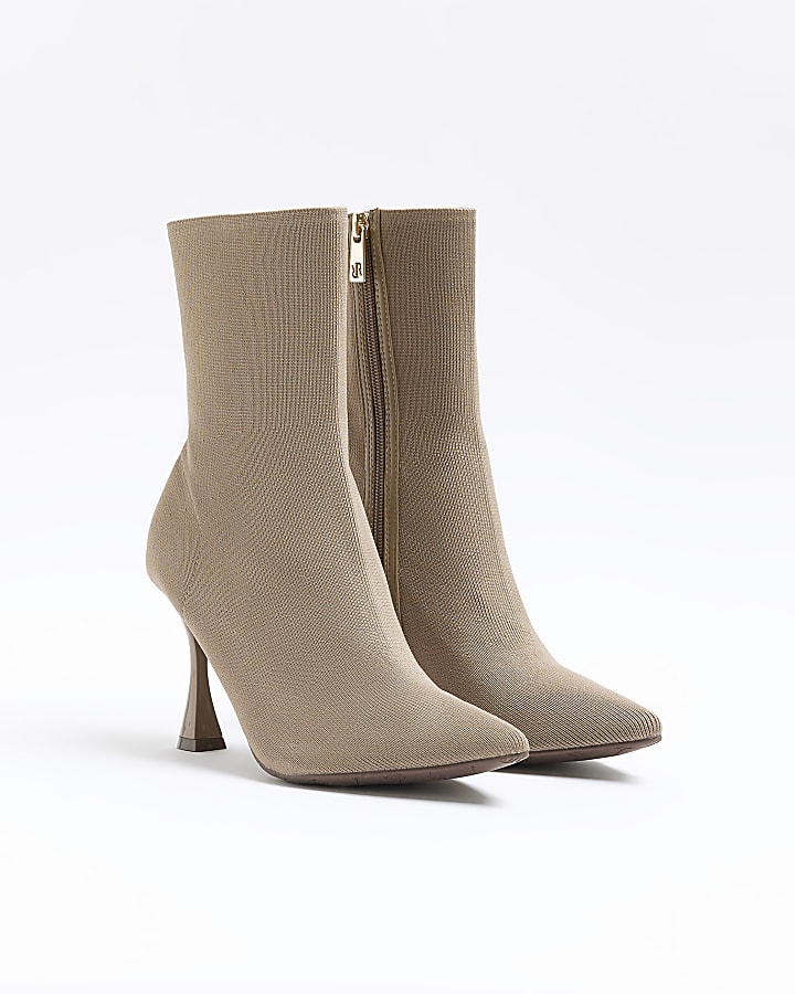 Beige wide fit knit heeled ankle boots