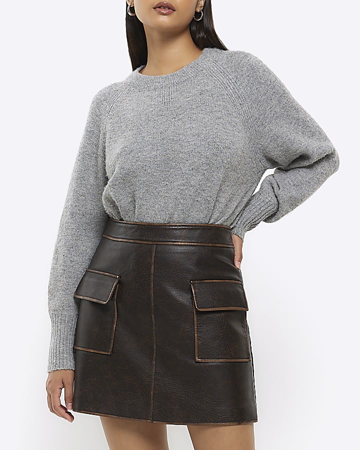 Brown faux leather distressed mini skirt River Island