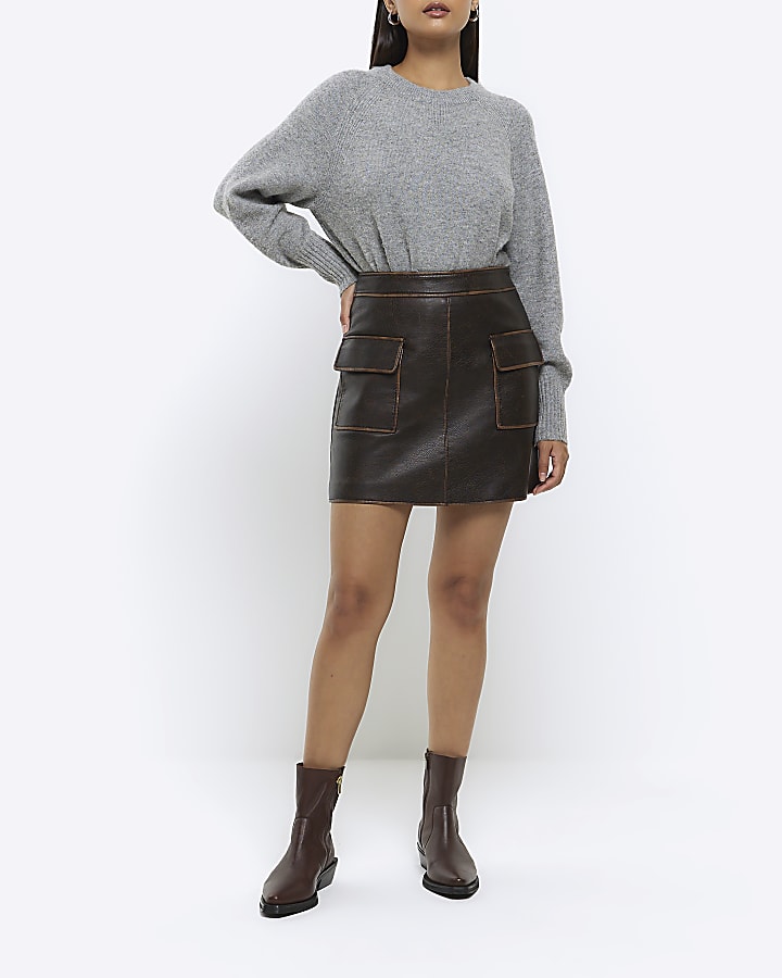 Brown faux leather distressed mini skirt