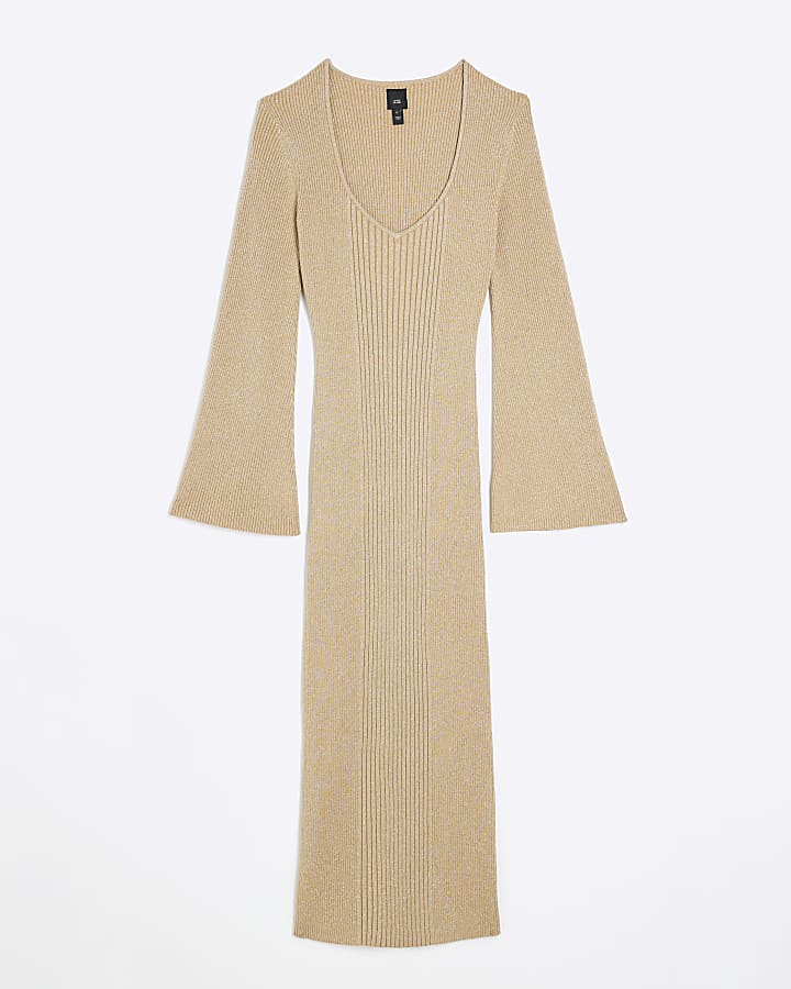 Gold long sleeve jumper midi dress
