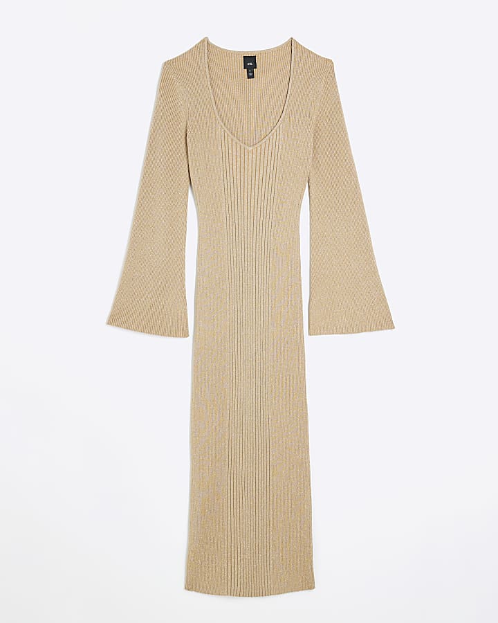 Gold long sleeve jumper midi dress