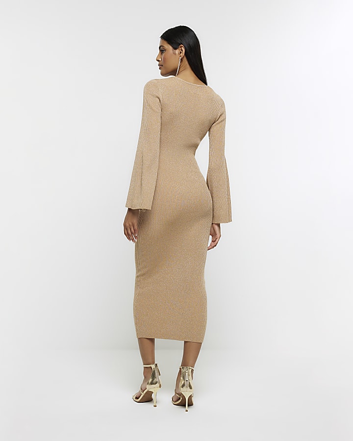 Gold long sleeve jumper midi dress