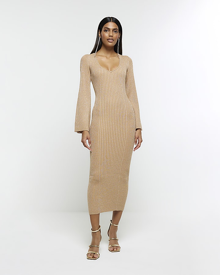 Gold long sleeve jumper midi dress