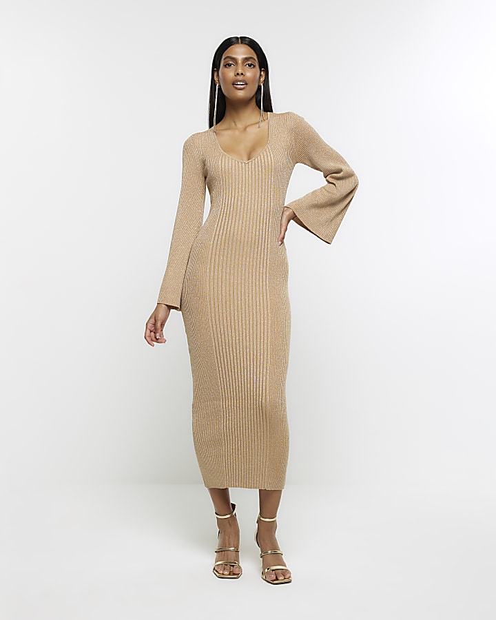 Gold long sleeve jumper midi dress