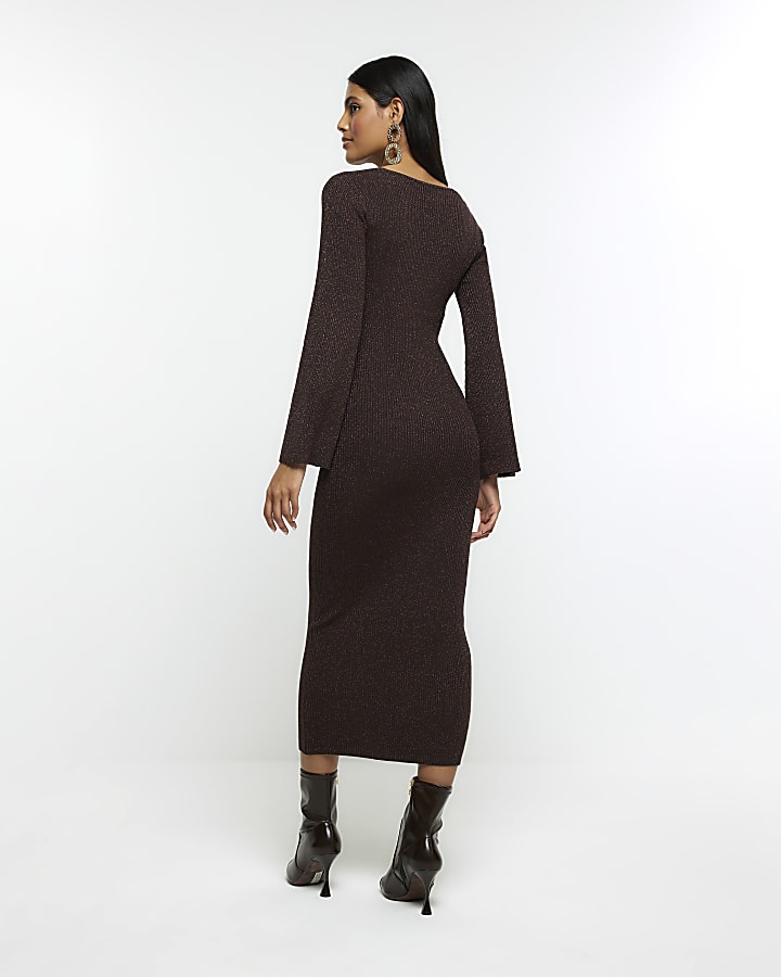 Brown long sleeve jumper midi dress