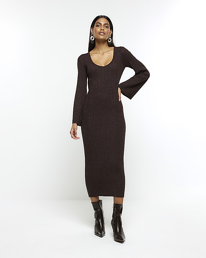 Brown long sleeve jumper midi dress River Island