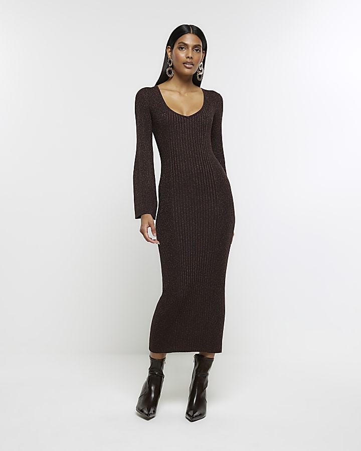 Brown long sleeve jumper midi dress