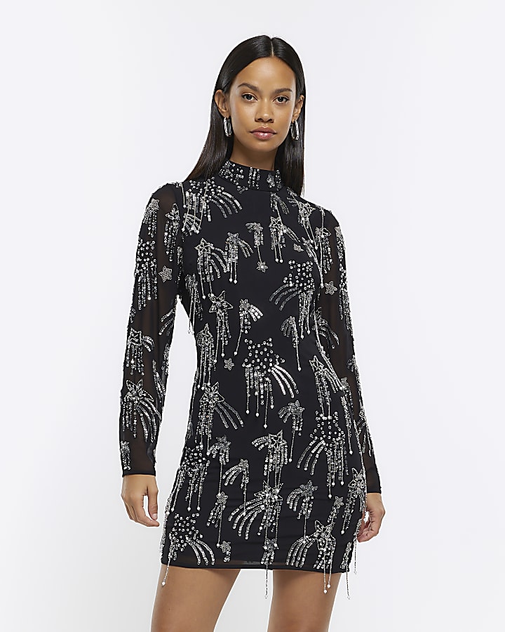 Black star embellishment bodycon mini dress River Island