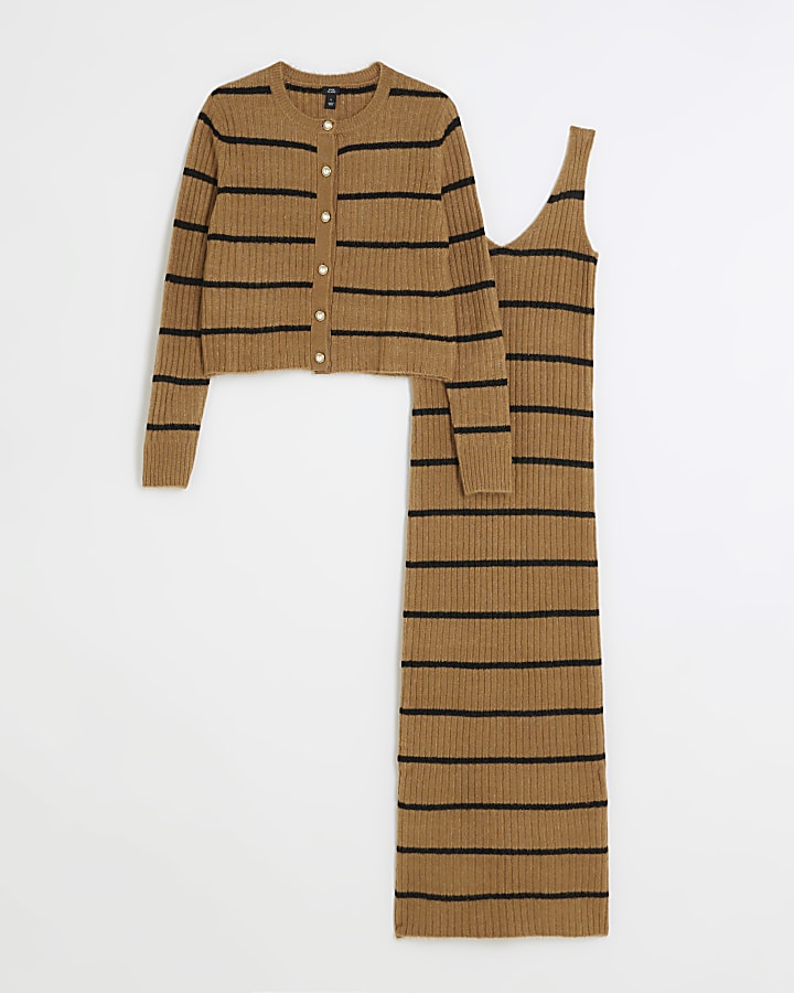 Brown knit stripe bodycon midi dress set